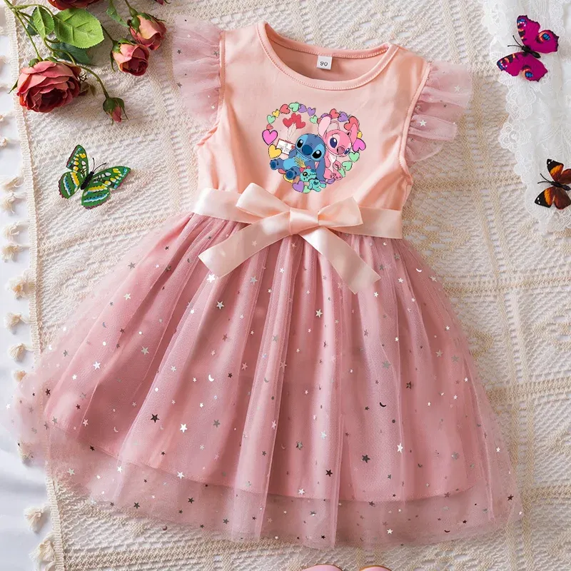 Color: Gold, Kid Size: 2T - Lilo Stitch Girls Sequin Tutu Dress with Bow Flutter Sleeves Summer Princess Party Outfit for Toddler Kids 2-6 Years