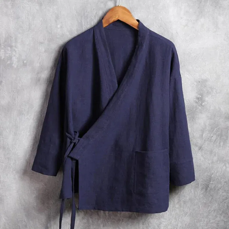 Color: Blue, Size: 6XL - Plus Size M-6XL Pure Color Men's Tops 2024 New Cotton Linen Oblique Placket Long Sleeve Linen Hanfu chinese Clothing  Kimono