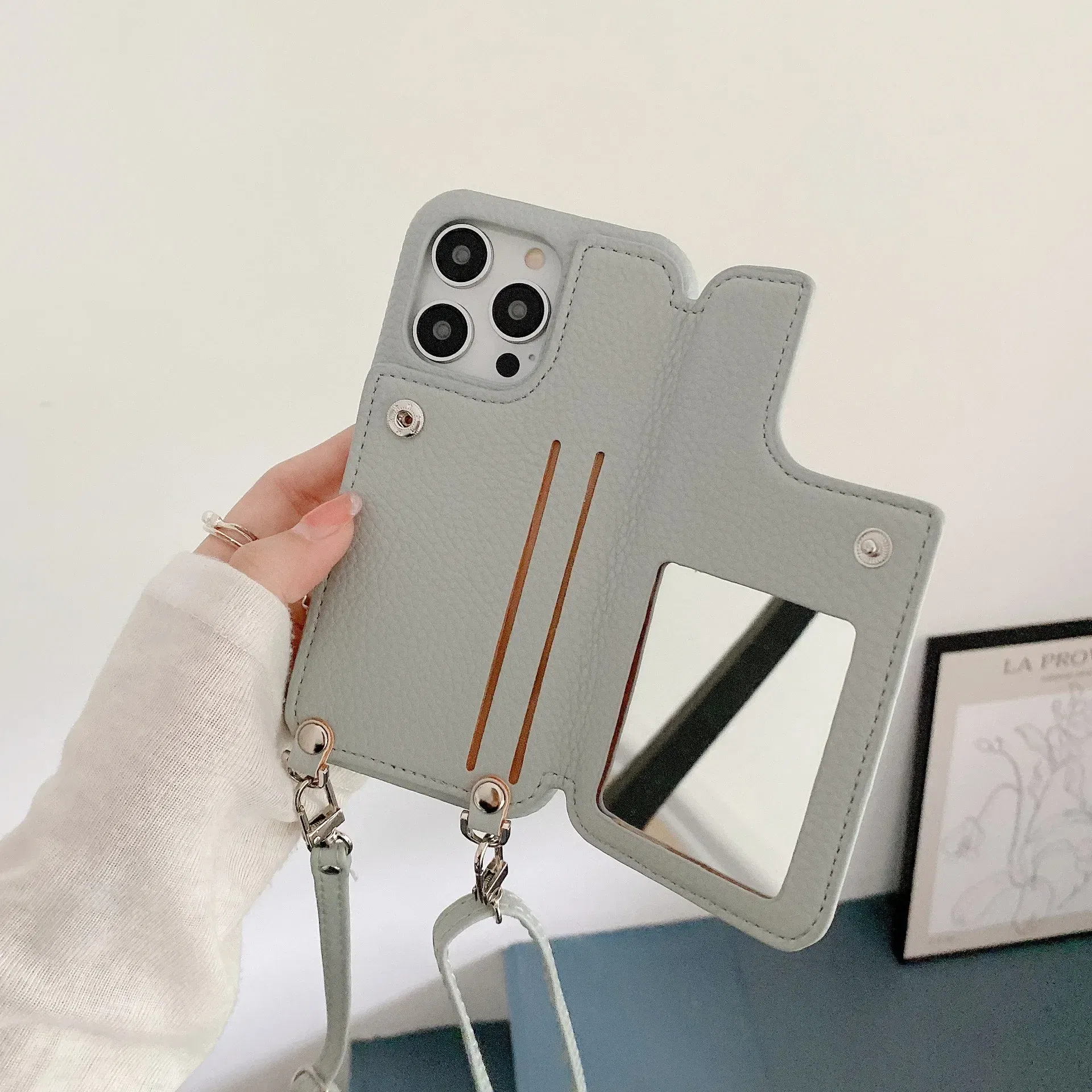 Material: aluminum, Color: Clear - Zipper Wallet Makeup Mirror Crossbody Lanyard Case For iPhone 16 15 14 Pro Max 13 12 11 XR XS 7 8 Plus Card Slot Leather Cover