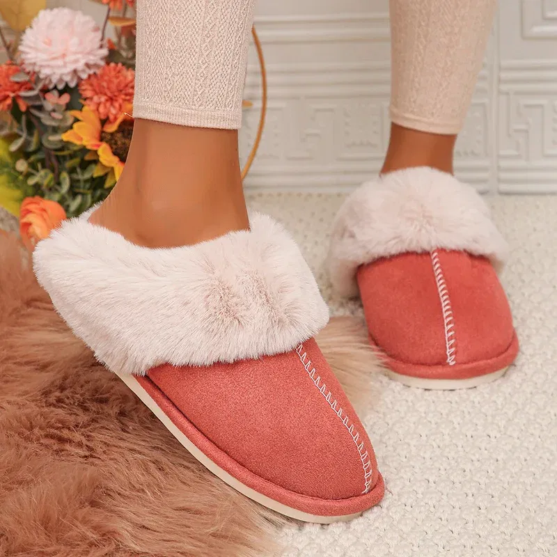 Color: Beige, Shoe Size: 44 - Closed Toe Warm Cotton Slippers Women Faux Fur Thicken Plush Winter Home Shoes Woman Lightweight Casual Indoor Slides Female