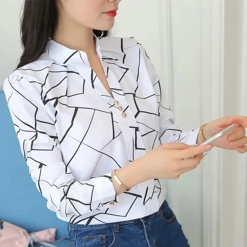 Color: SKY BLUE, Size: M - Women White Tops Blouses Fashion Stripe Print Casual Long Sleeve Office Lady OL Shirts Slim Blusas DF4970