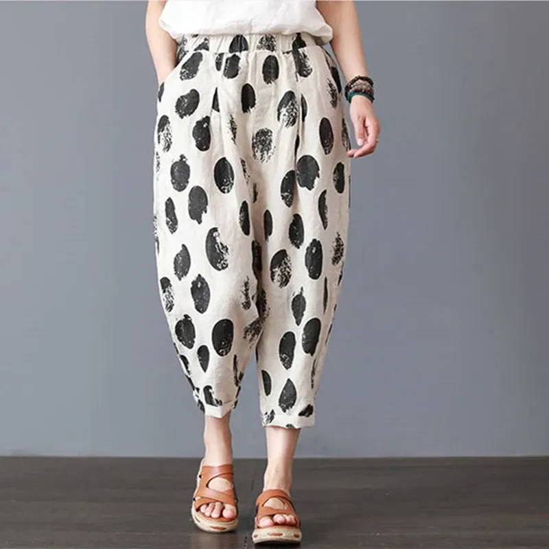 Color: black, Size: XXL - Cotton and Linen Pants for Women Summer Printing Harem Pants Female Mother Loose Retro Fashion Women's Ankle Length Pants