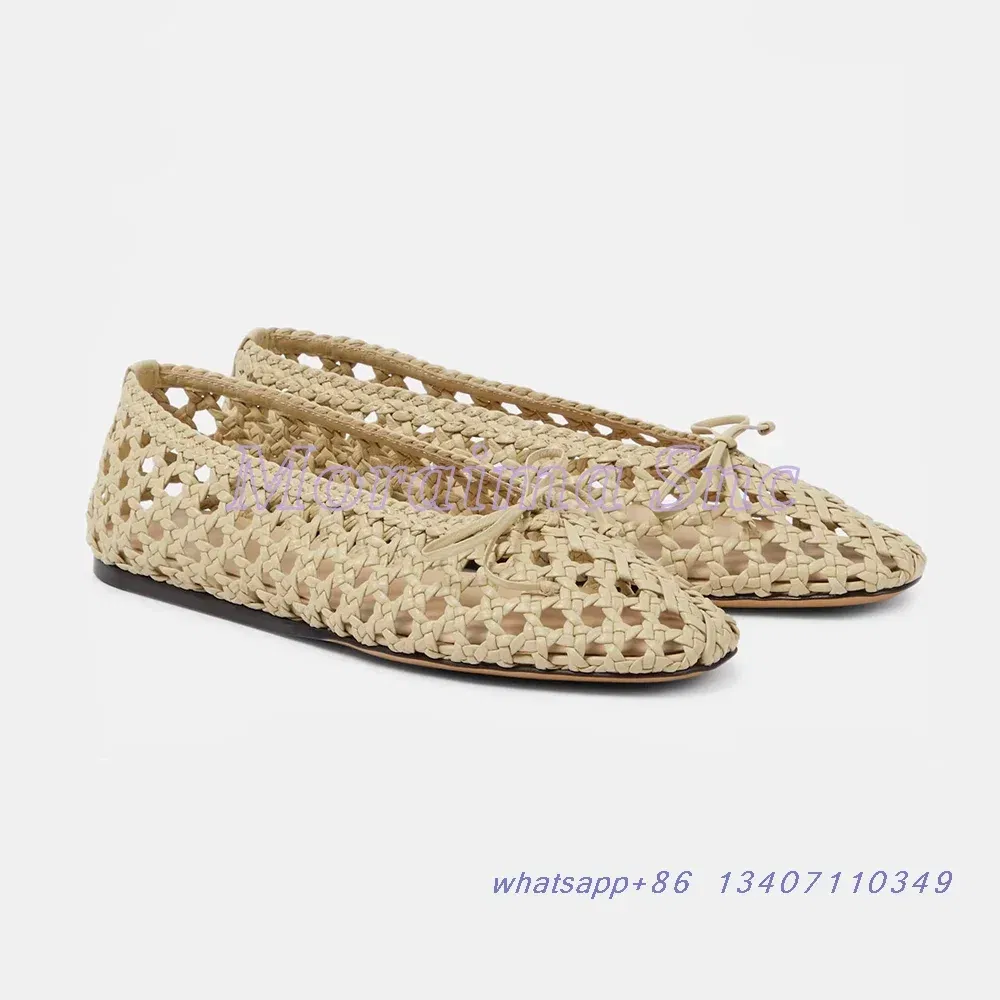 Color: Beige, Shoe Size: 40 - Hollow Woven Leather Ballet Shoes Flat With Round Toe Ankle Buckle Strap Fashion Shallow Women Shoes Mary Janes Summer New 2025