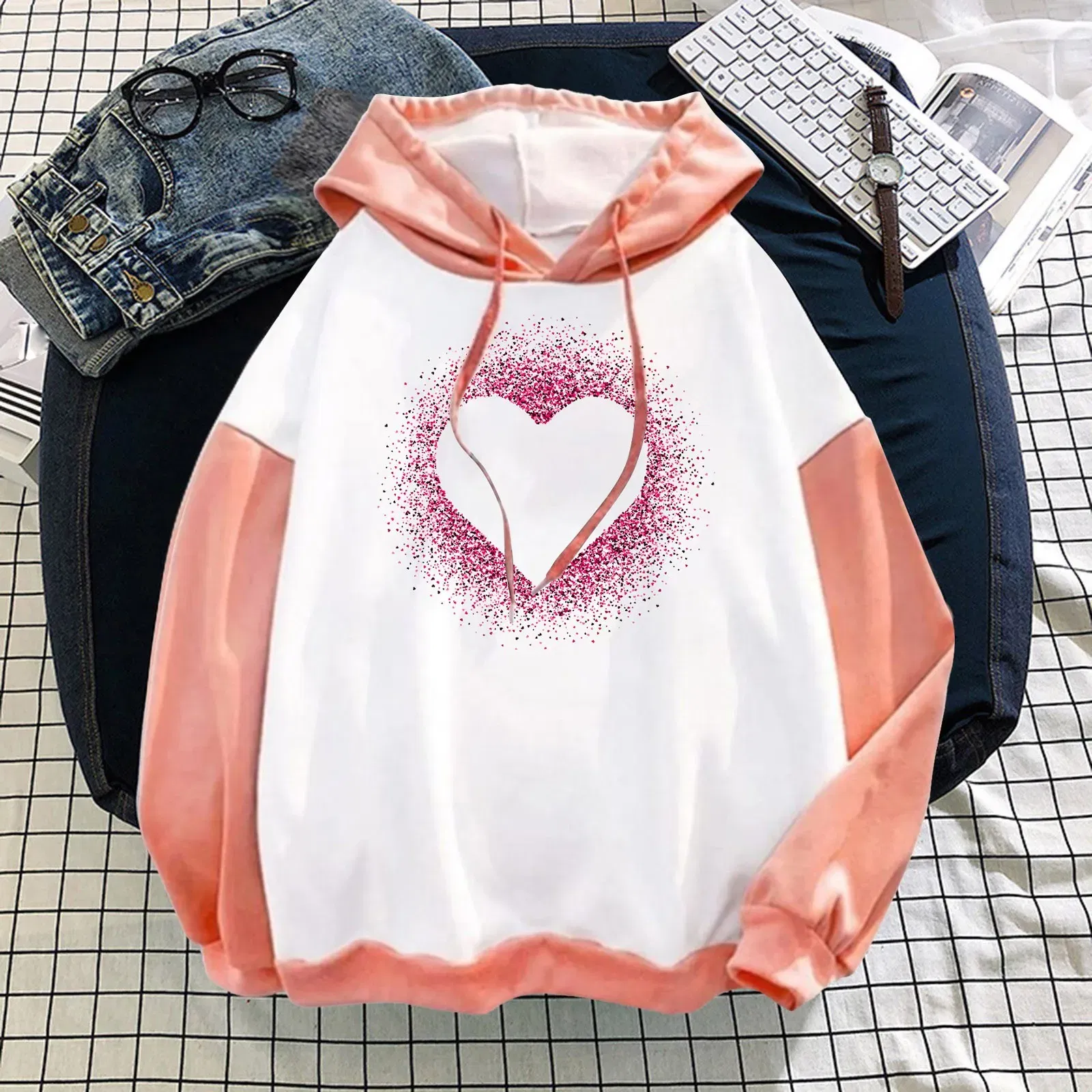 Color: Light Blue, Size: XXL, Ships From: spain - Women Casual Long Sleeve Sweatshirt Love Print Drawstring Pullover Hoodie Color Block Tops Pullover Casual Top