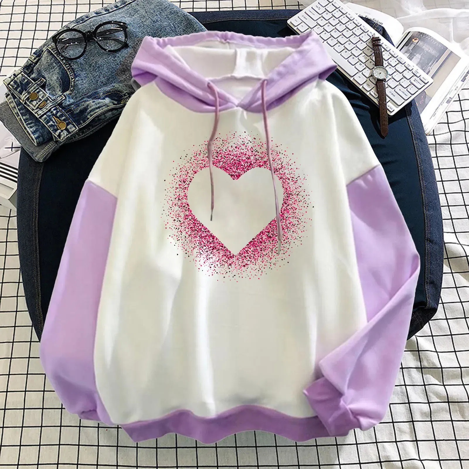 Color: Light Blue, Size: XXL, Ships From: spain - Women Casual Long Sleeve Sweatshirt Love Print Drawstring Pullover Hoodie Color Block Tops Pullover Casual Top