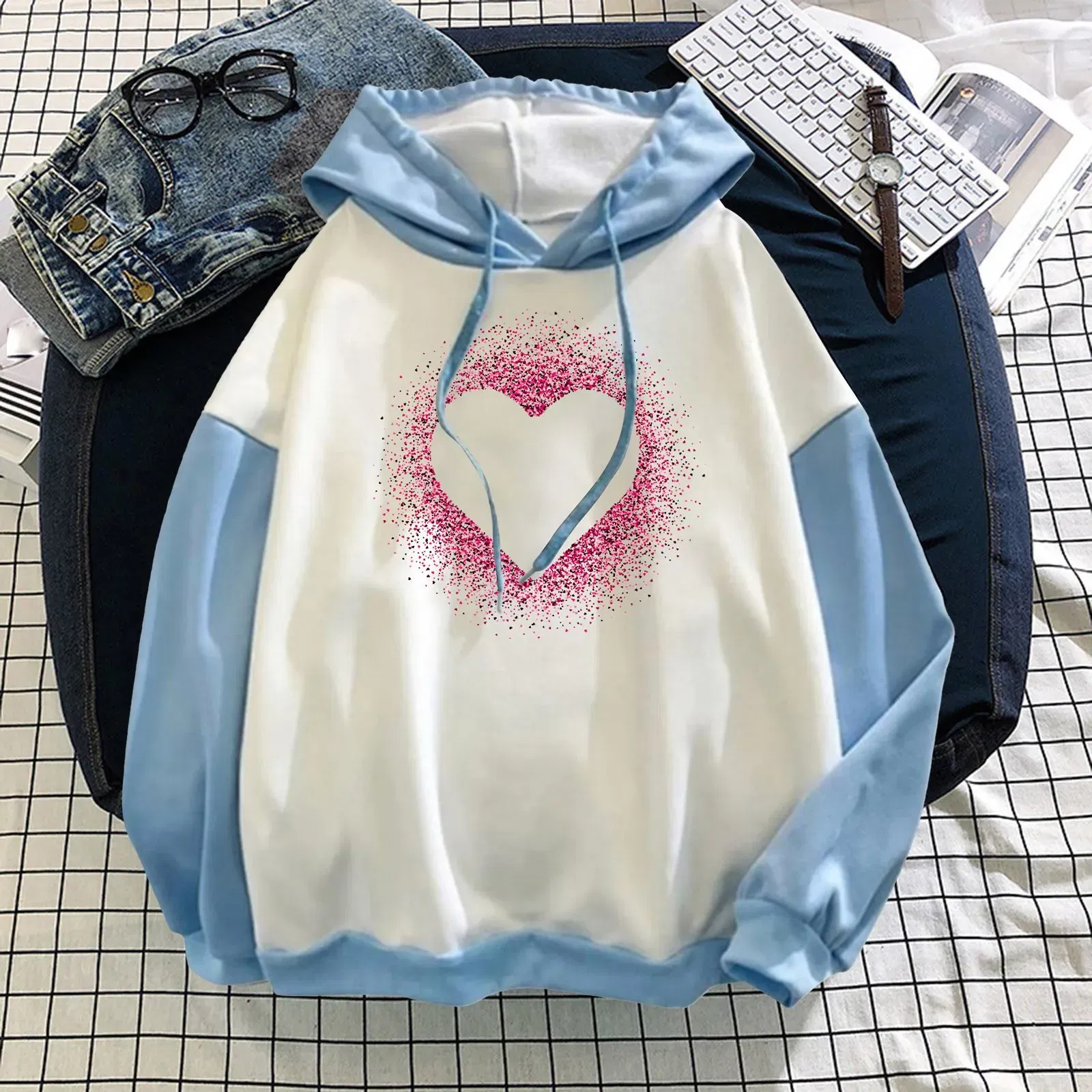 Color: Light Blue, Size: XXL, Ships From: spain - Women Casual Long Sleeve Sweatshirt Love Print Drawstring Pullover Hoodie Color Block Tops Pullover Casual Top
