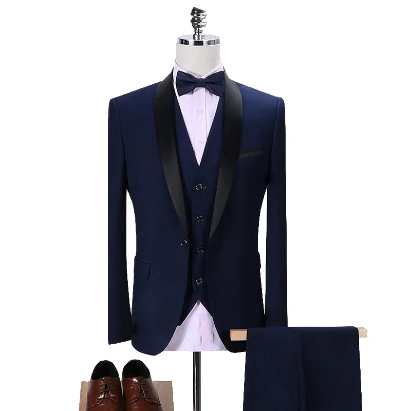 Color: Blue, Size: L - Shenrun Men Tuxedo Slim Fit Fashion Suit Wedding Shawl Lapel 3 Pieces Skinny Single Breasted Jacket Party Prom Singer Costume