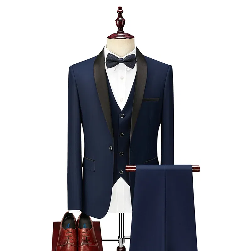 Color: Blue, Size: L - Shenrun Men Tuxedo Slim Fit Fashion Suit Wedding Shawl Lapel 3 Pieces Skinny Single Breasted Jacket Party Prom Singer Costume