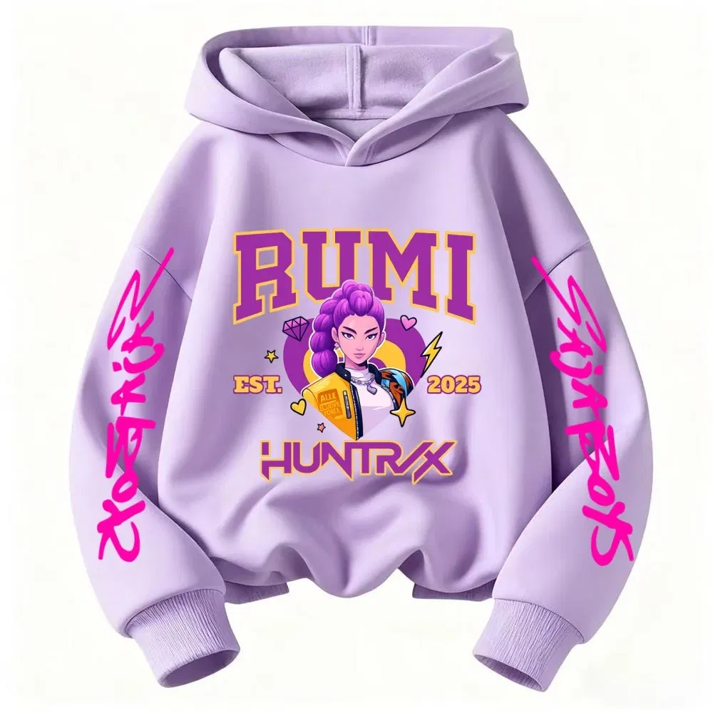 Color: Blue, Kid Size: 4 - 2025 KPop Devil Hunter Cartoon Girl Boy Hooded Sweatshirt Kawaii Children's Korean Wave Casual Fashion Top