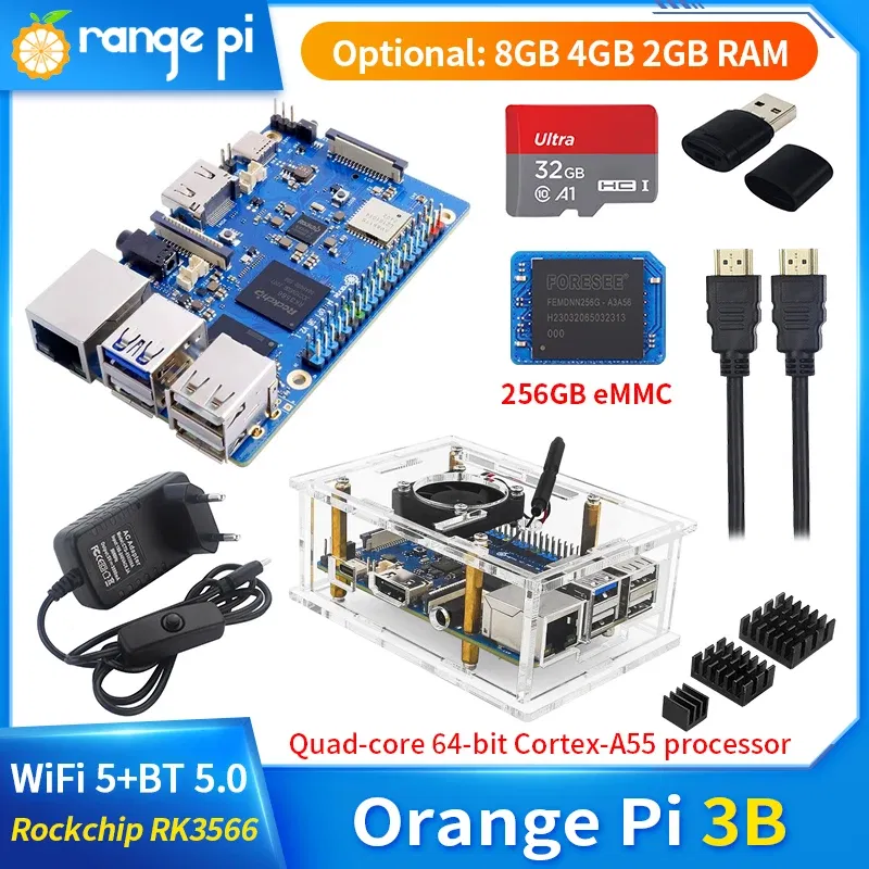 Bundle: Bundle 4, Color: Blue - Orange Pi 3B 8GB 4GB 2GB RAM Rockchip RK3566 WiFi5+BT 5.0 Gigabit LAN Port Single Board Run Android Linux OpenHarmony OS Mini PC