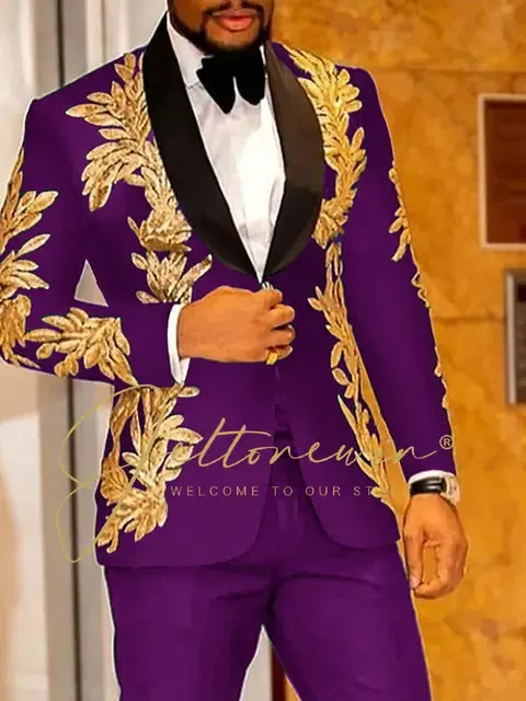 Color: PURPLE, Size: XXXL - Luxury Groom Wedding Tuxedos Gold Sequins Appliques Black Men Suits Slim Fit Costume Homme Marriage Prom Suits
