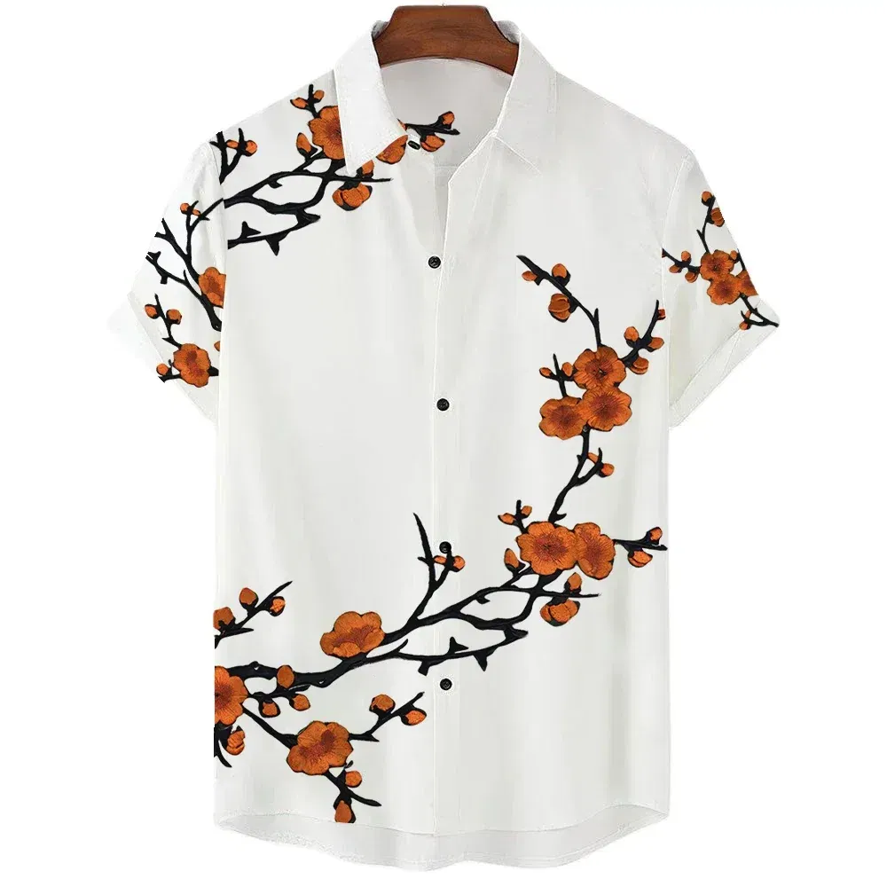 Color: Gold, Size: XXXL - Fashionable Luxury Social men's Shirt Lapel button-down Shirt Casual Japanese Aesthetic Cherry Blossom Print short-sleeved Tops