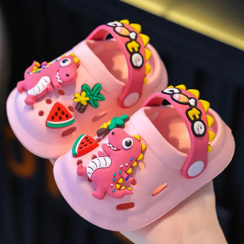 Color: Pink, Shoe Size: 1.5 - Summer Childrens Slippers Hole Kids Sandals Soft Anti-Skid Cartoon Dinosaur DIY Design Indoor Anti-Slip Boys Girls Beach Shoes