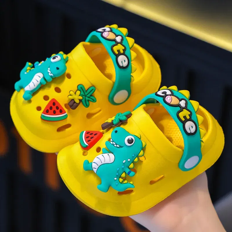 Color: Pink, Shoe Size: 1.5 - Summer Childrens Slippers Hole Kids Sandals Soft Anti-Skid Cartoon Dinosaur DIY Design Indoor Anti-Slip Boys Girls Beach Shoes