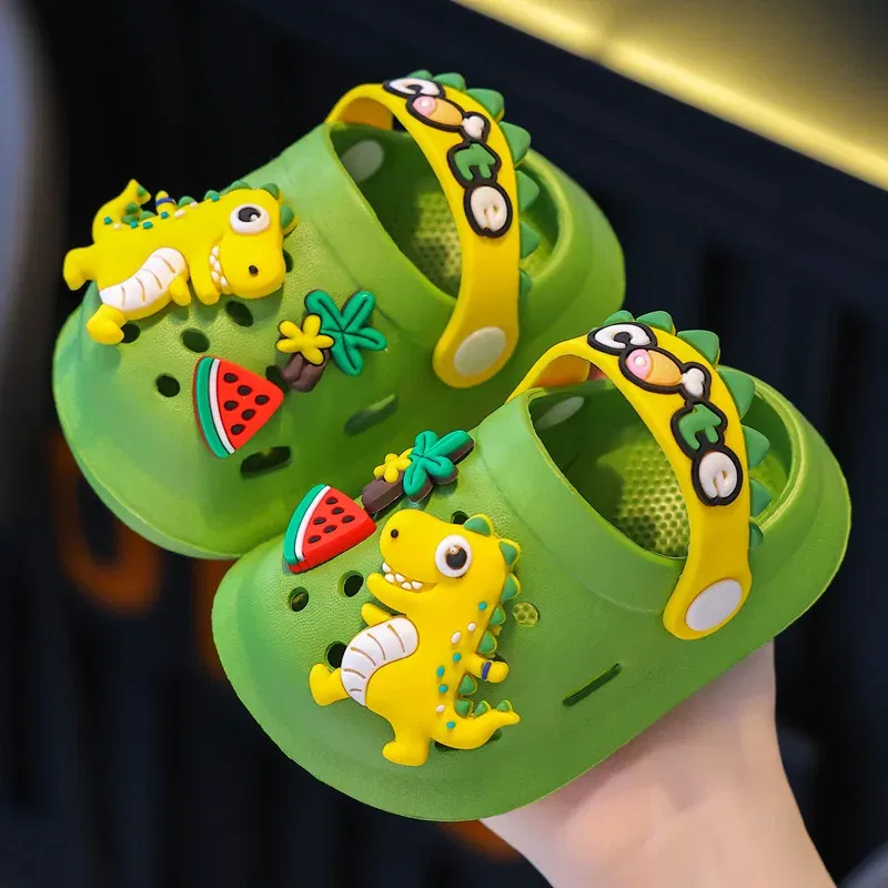 Color: Pink, Shoe Size: 1.5 - Summer Childrens Slippers Hole Kids Sandals Soft Anti-Skid Cartoon Dinosaur DIY Design Indoor Anti-Slip Boys Girls Beach Shoes