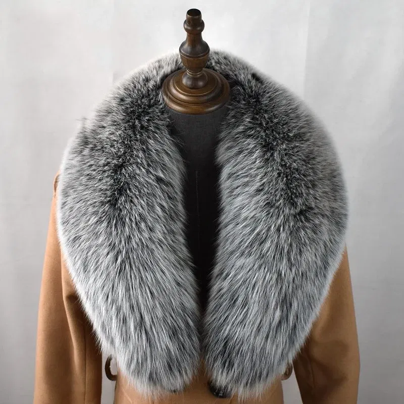 Color: Navy Blue, Size: XL - 100% Natural Real Fox Fur Collar For Women Men Coat Jacket Fur Scarf Winter Extra Large Size Neck Warmer Fur Scarf Shawls Wraps