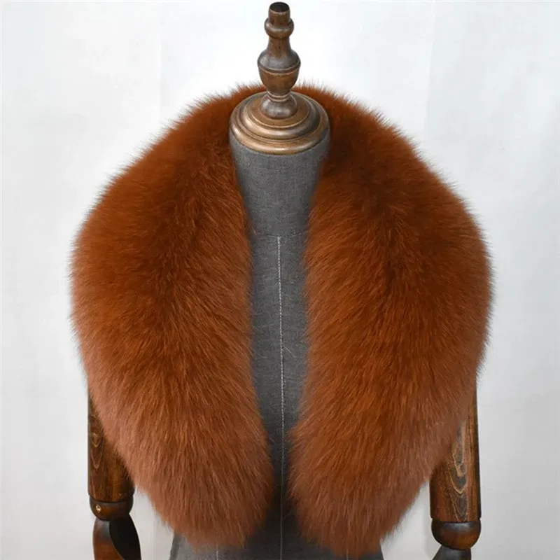 Color: Navy Blue, Size: XL - 100% Natural Real Fox Fur Collar For Women Men Coat Jacket Fur Scarf Winter Extra Large Size Neck Warmer Fur Scarf Shawls Wraps