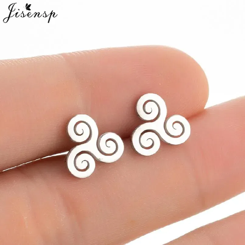 Metal Color: champagne gold, Main Stone Color: Red - Cartoon The Movie Teen Wolf Triskele Triskelion Inspired Earrings Punk Stainless Steel Jewelry Triple Spiral Ear Studs Women Men