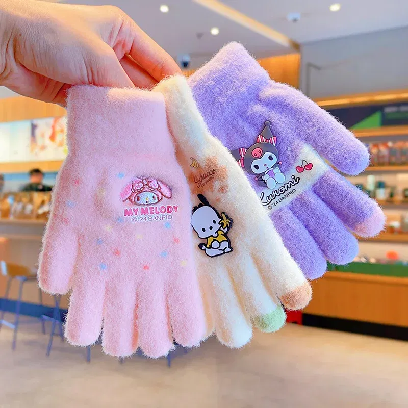 Color: army green - Sanrio Gloves Kawaii My Melody Kuromi Cold-Proof Winter Finger Gloves Plush Screen Touch Warm Children Toddler Christmas Gifts