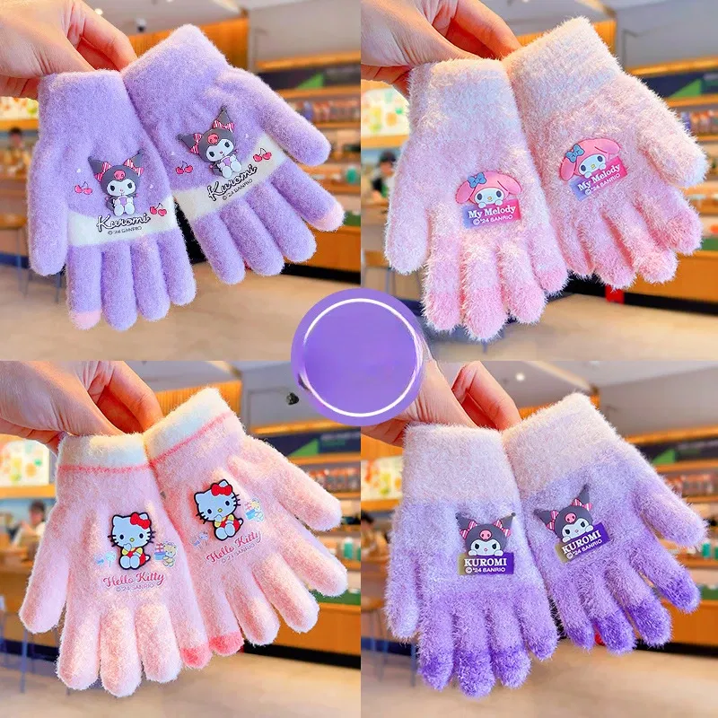 Color: army green - Sanrio Gloves Kawaii My Melody Kuromi Cold-Proof Winter Finger Gloves Plush Screen Touch Warm Children Toddler Christmas Gifts