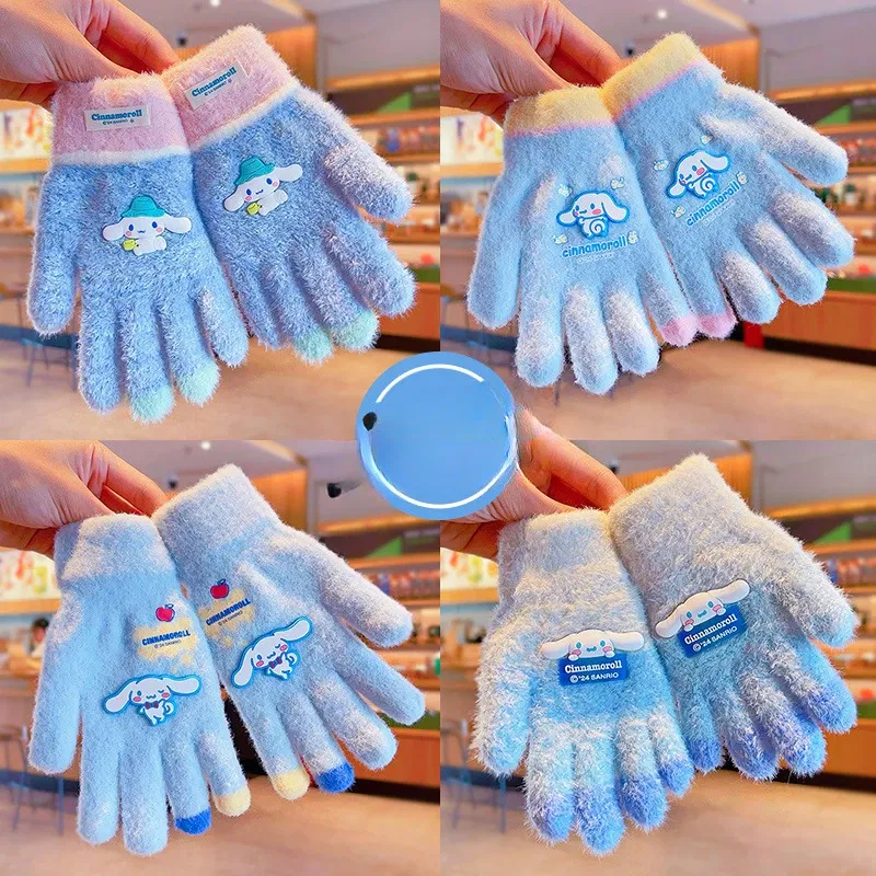 Color: army green - Sanrio Gloves Kawaii My Melody Kuromi Cold-Proof Winter Finger Gloves Plush Screen Touch Warm Children Toddler Christmas Gifts