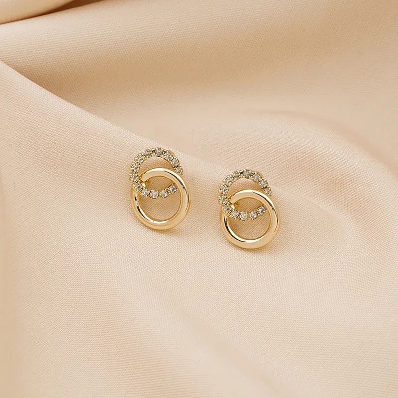 Metal Color: GREEN DRAGONFLY - 2023 Korean Simple Double Circle Gold Color Metal crystal Stud Earrings For Women Fashion Exquisite Jewelry Best Friend Gifts