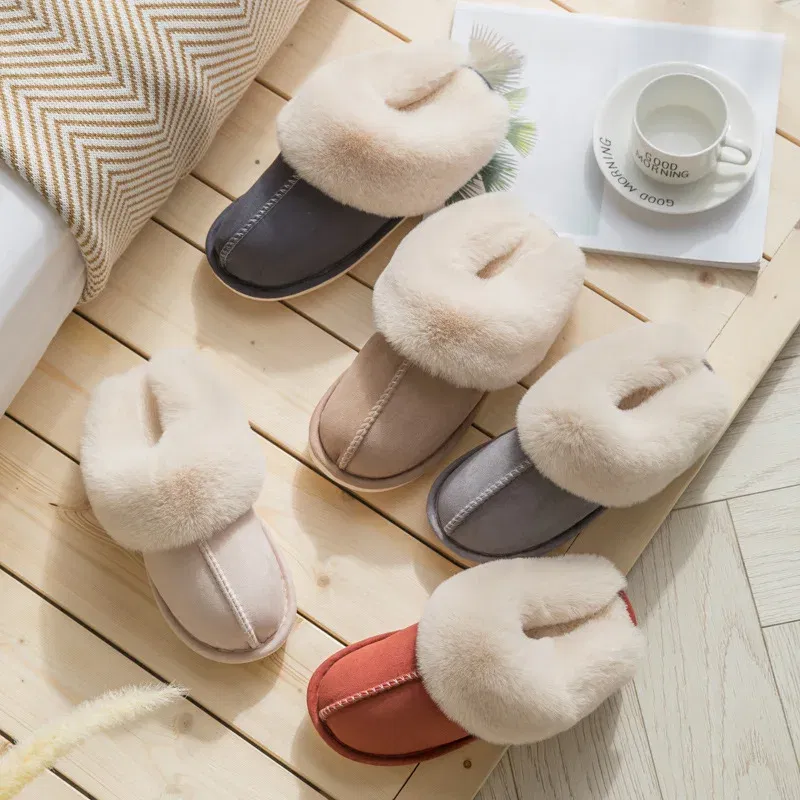 Color: Dark Grey, Shoe Size: 40 - Women's Faux Fur Slippers 2024 New Warm Thicked Plush Bedroom Sandals Woman Comfort Soft Sole Home Couple Winter Shoes Slides