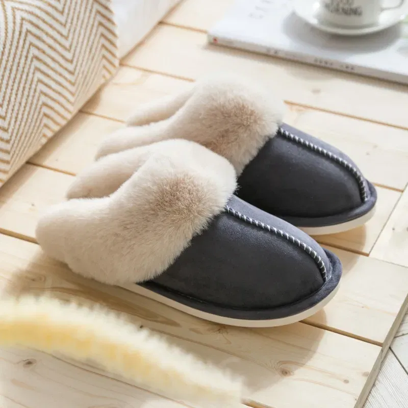 Color: Dark Grey, Shoe Size: 40 - Women's Faux Fur Slippers 2024 New Warm Thicked Plush Bedroom Sandals Woman Comfort Soft Sole Home Couple Winter Shoes Slides