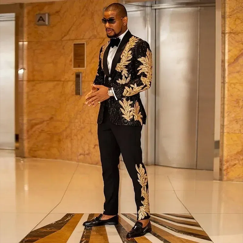Color: black, Size: XXXL - Men's Gold Sequin Applique Fashion Trend Suit Set High-Quality Casual Jacket And Western Pants Two-Piece Ensemble