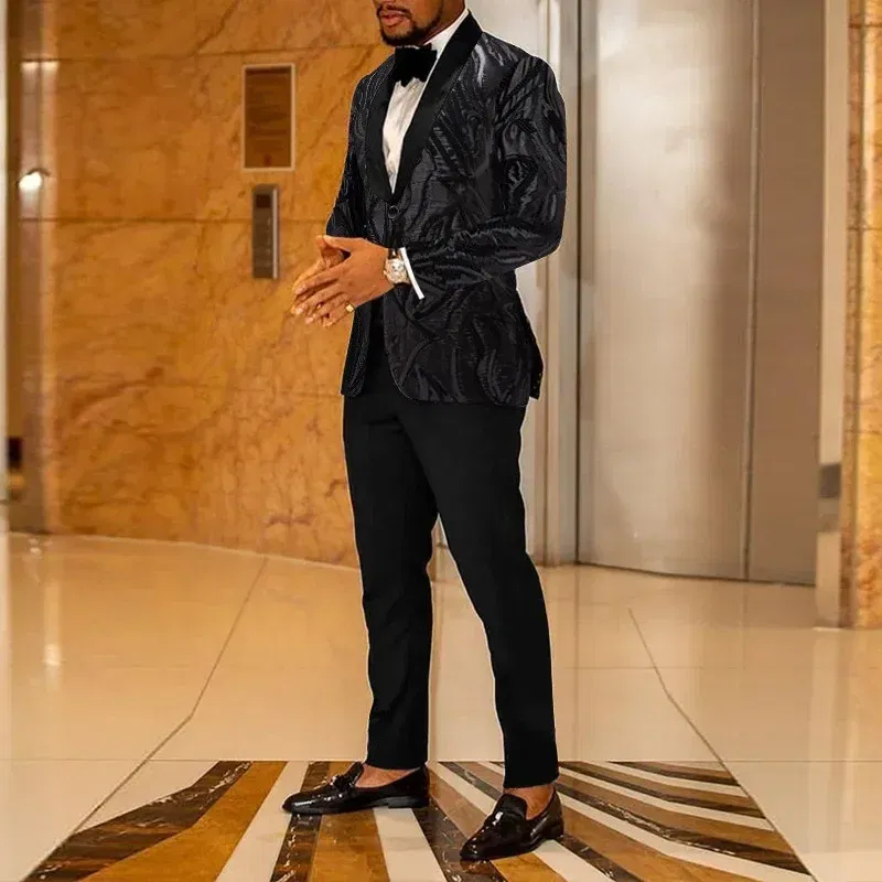 Color: black, Size: XXXL - Men's Gold Sequin Applique Fashion Trend Suit Set High-Quality Casual Jacket And Western Pants Two-Piece Ensemble