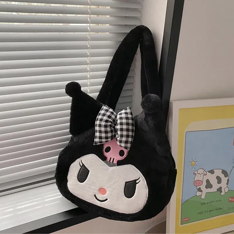 Color: black - Girls Large capacity Cartoon Anime Cozy Fluffy Tote Bag, Kuromi Plush Tote & Shoulder Bag, Cinnamoroll Melody Faux Fur Handbag