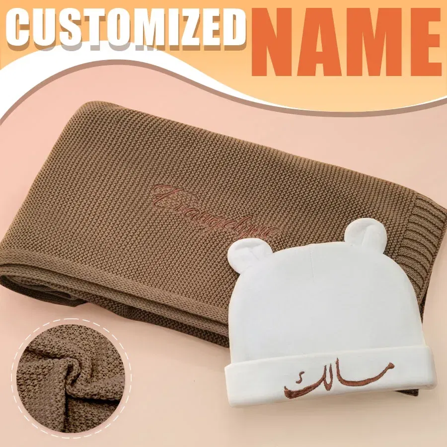 Color: MULTI, Size: Option 2, Ships From: CN - Personalized Baby Name Newborn Cotton Beanie and Knitted Blanket Set Embroidered Name Covering and Cute Hat Gift Set