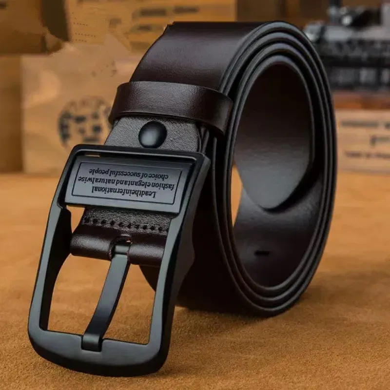 Color: black, Belt Length: 125cm - New Leather Cowhide Men's Belt Fashion Metal Alloy Pin Buckle Adult Luxury Brand Jeans Business Casual Waist Male Strap Brand