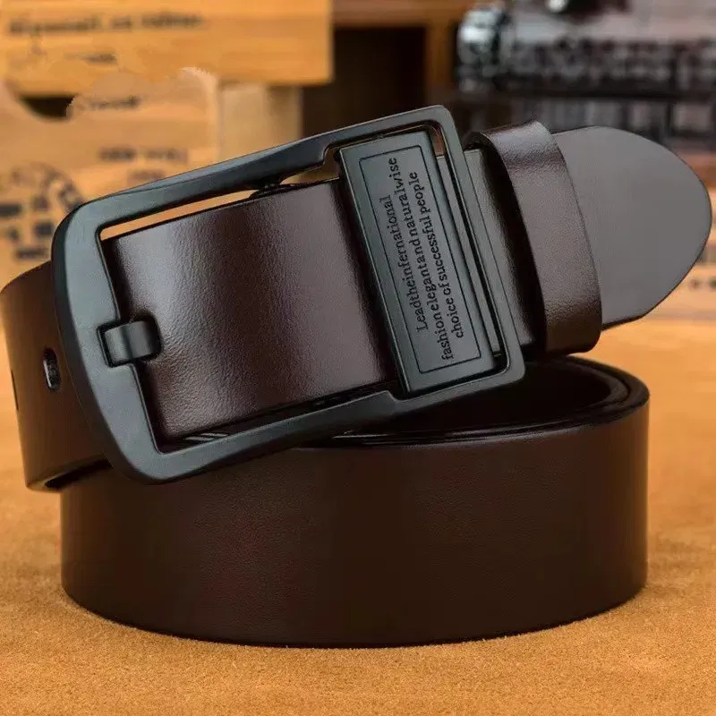 Color: black, Belt Length: 125cm - New Leather Cowhide Men's Belt Fashion Metal Alloy Pin Buckle Adult Luxury Brand Jeans Business Casual Waist Male Strap Brand