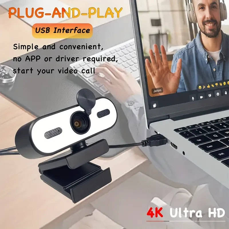 EXHQDR 4K Ultra HD Webcam, Auto-Focus, USB Powered, No Driver Needed, Compatible with Laptops & Desktops, Portable with 3-Level Beauty Light, Built-in Noise-Cancelling Mic, Adjustable Angle, Privacy Cover, Ideal for Video Chat, Streaming, Online Teaching