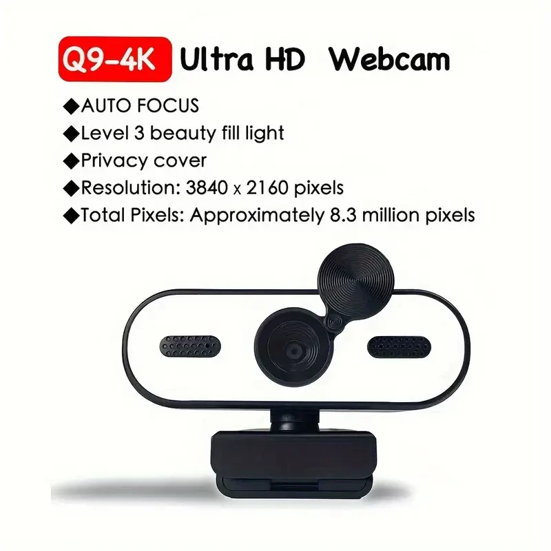 EXHQDR 4K Ultra HD Webcam, Auto-Focus, USB Powered, No Driver Needed, Compatible with Laptops & Desktops, Portable with 3-Level Beauty Light, Built-in Noise-Cancelling Mic, Adjustable Angle, Privacy Cover, Ideal for Video Chat, Streaming, Online Teaching