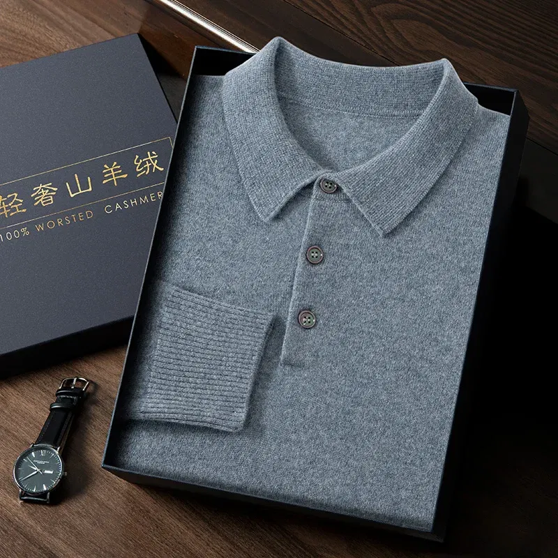 Color: SKY BLUE, Size: L - High Quality Men's 100% Cashmere POLO Collar Pullover Soft Elastic Autumn Winter Business Casual Solid Color Knitted Sweater