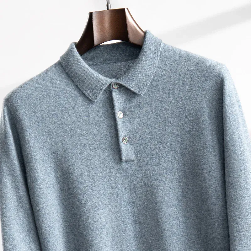 Color: SKY BLUE, Size: L - High Quality Men's 100% Cashmere POLO Collar Pullover Soft Elastic Autumn Winter Business Casual Solid Color Knitted Sweater