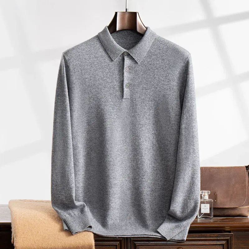 Color: SKY BLUE, Size: L - High Quality Men's 100% Cashmere POLO Collar Pullover Soft Elastic Autumn Winter Business Casual Solid Color Knitted Sweater