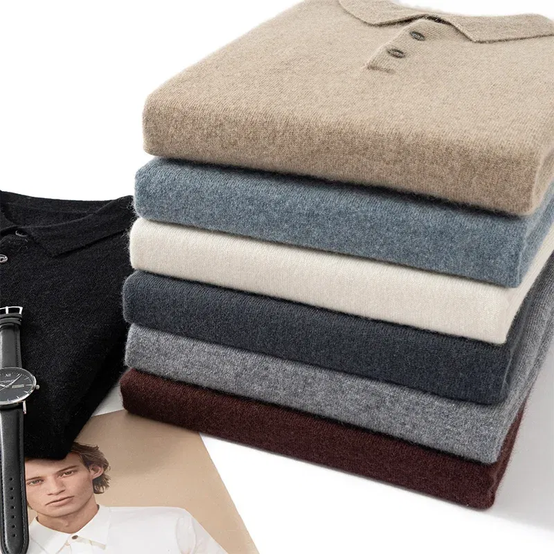 Color: SKY BLUE, Size: L - High Quality Men's 100% Cashmere POLO Collar Pullover Soft Elastic Autumn Winter Business Casual Solid Color Knitted Sweater