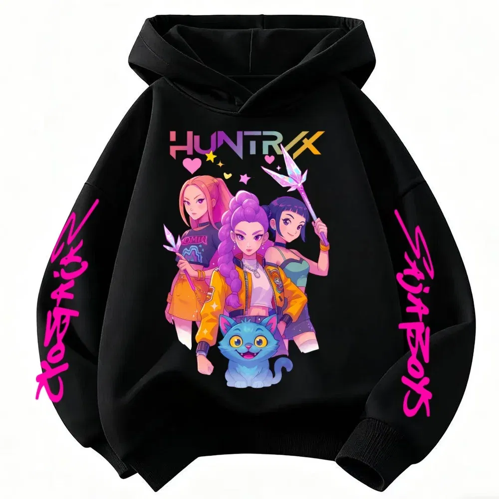 Color: black, Kid Size: 4 - Movie KPop Demon Hunters Rumi Mira Zoey Graphic Hoodie Men's Women Korean Fashion Trend Streetwear Unisex Casual Fleece Pullover