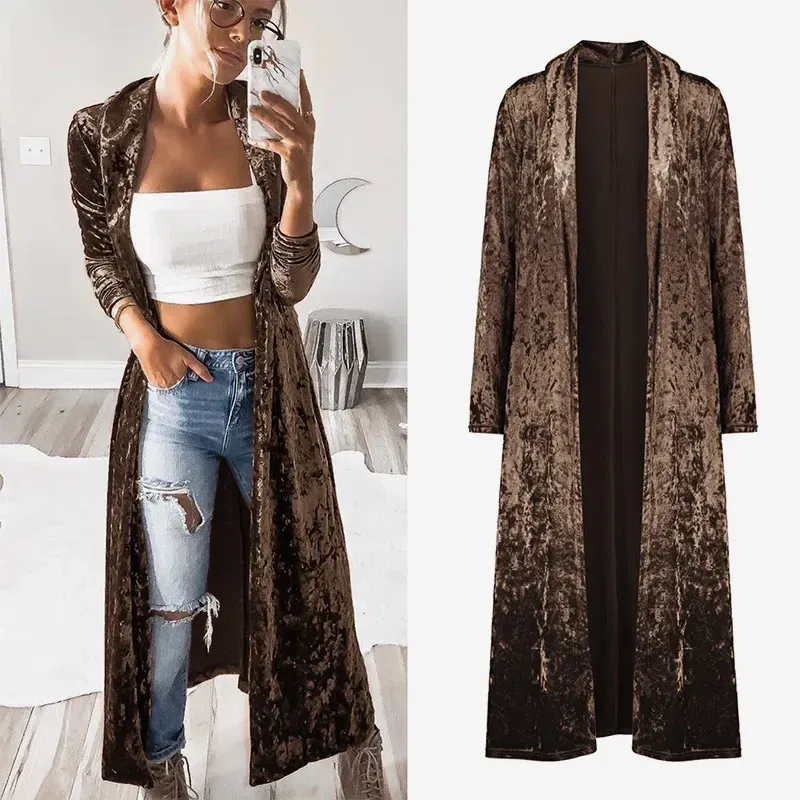 Color: Blue, Size: M - 2024 Long Velvet Kimono Cardigan Windbreaker Women Jacket Pure Color Fashion Long Sleeve Casual Ladies Long Jacket Trench Coat
