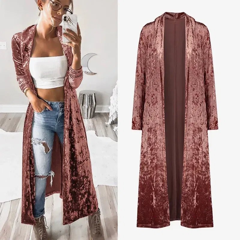 Color: Blue, Size: M - 2024 Long Velvet Kimono Cardigan Windbreaker Women Jacket Pure Color Fashion Long Sleeve Casual Ladies Long Jacket Trench Coat