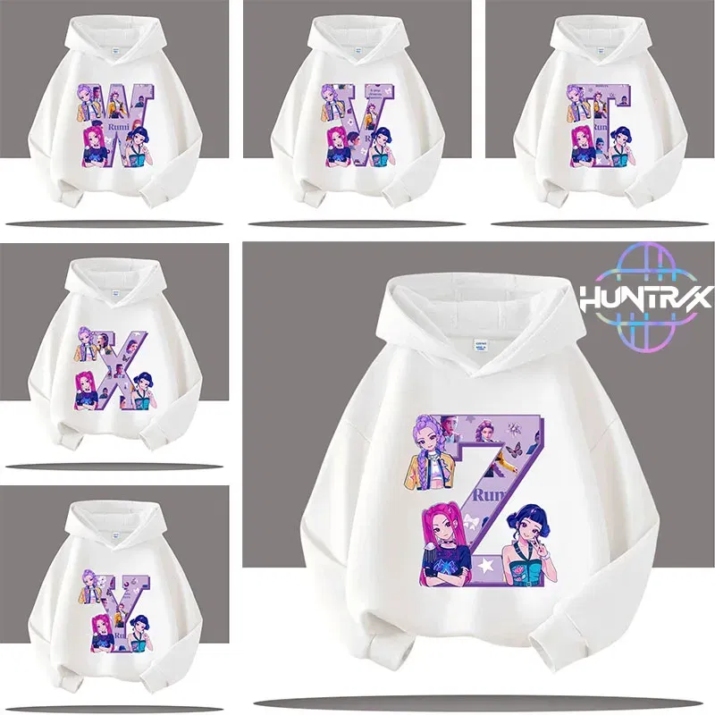 Color: SKY BLUE, Kid Size: 6 - K-pop Demon Hunters Letter A-Z 3-12 Year Old Children Hooded Sweatshirt Girls' Casual Shirt Boys' Sports Shirt Cartoon Print