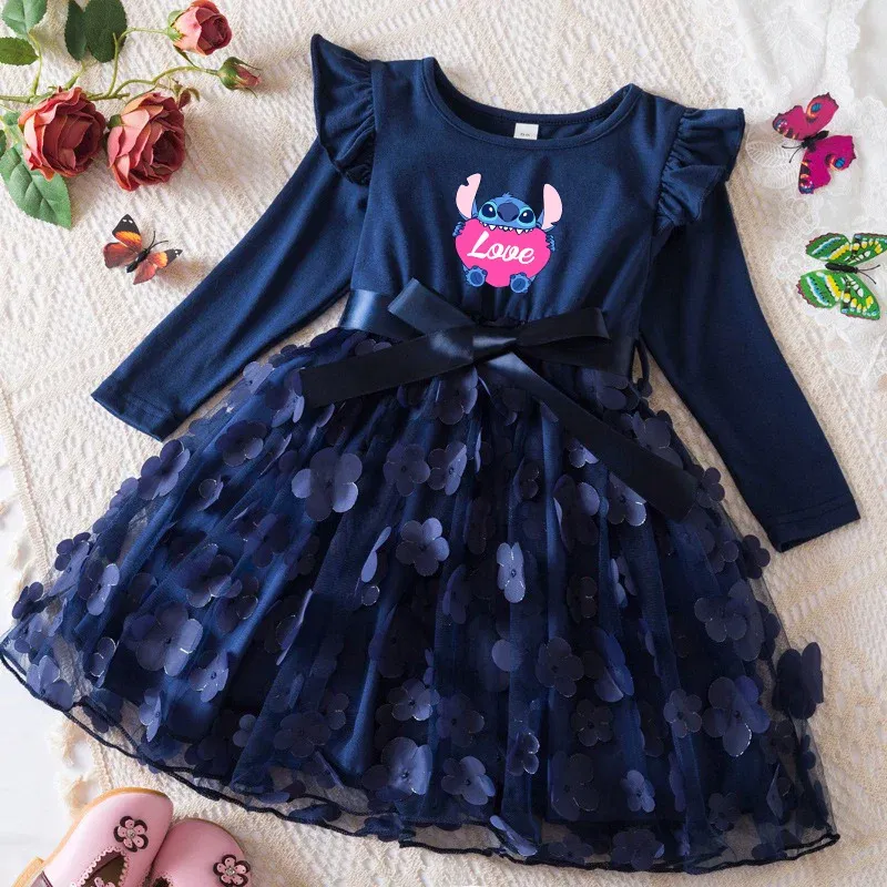Color: Light Grey, Size: One Size, Height: 164 - Lilo Stitch Girl Baby Dresses Spring Autumn Child Long Sleeve Sweet Princess Dress Mesh Newborn Casual Dress Birthday Party 2-6Y