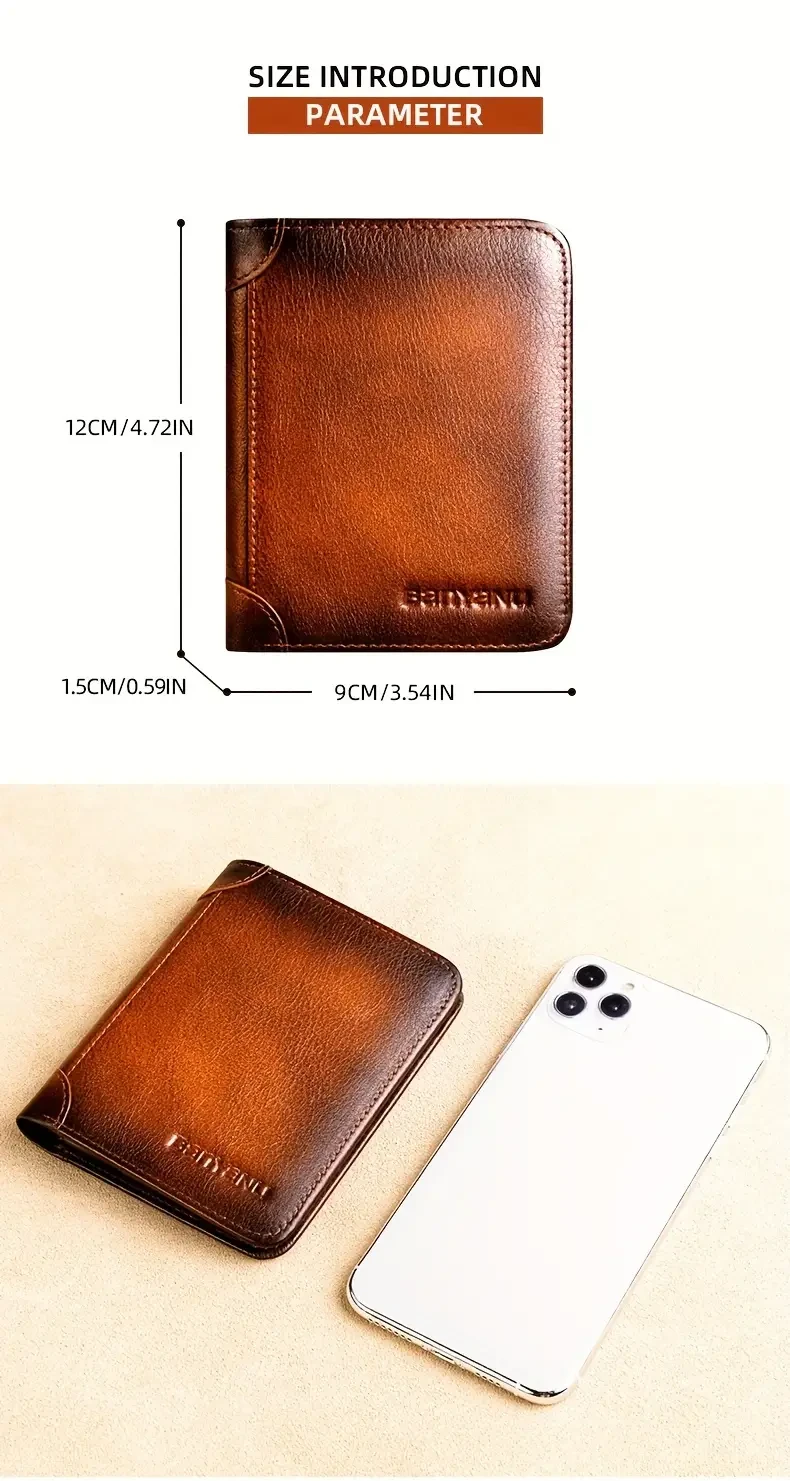 1pc Mens Premium Cowhide Short Trifold Wallet - Compact Card Holder with Large Capacity, Multiple Card Slots