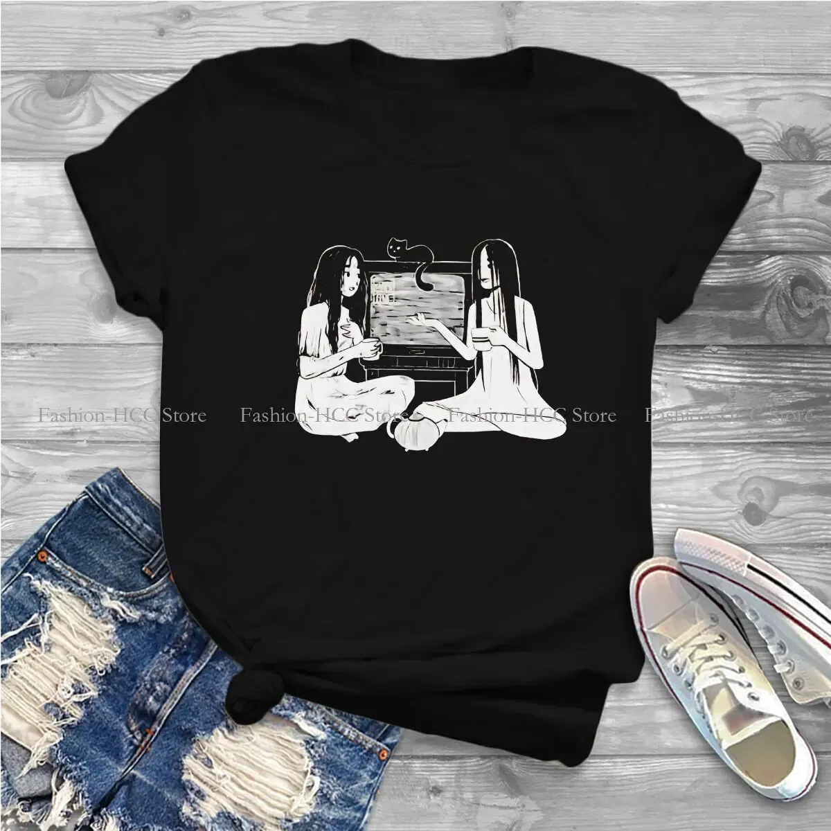 Color: WHITE, Size: S - Sadako And Kayako Tea Time Newest Polyester TShirts Ju On The Grudge Movie Momen Graphic Tops T Shirt O Neck