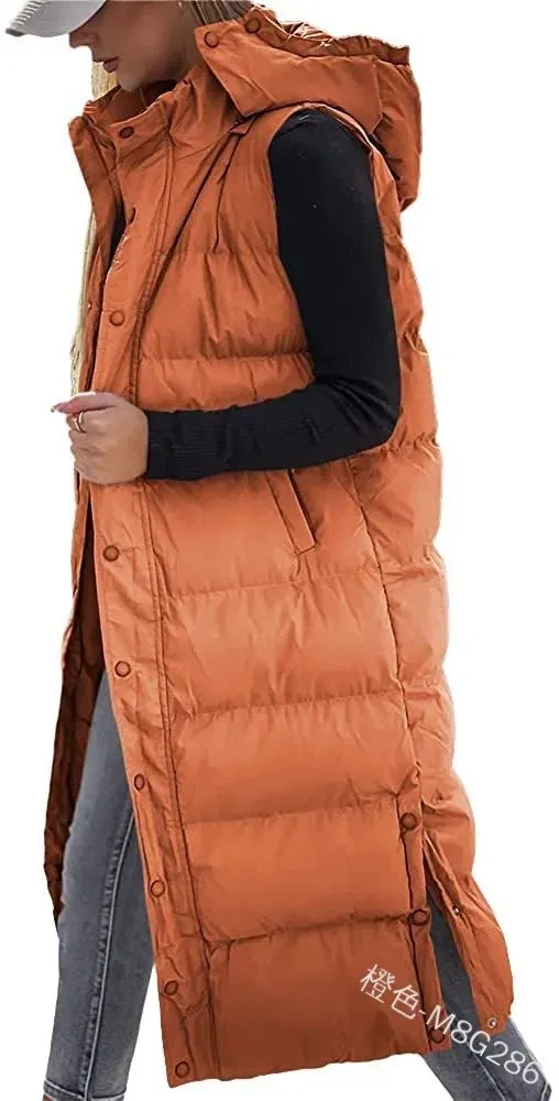 Color: Orange, Size: M - Hooded Zipper Jacket Women Oversize Waistcoat Winter Outerwear Hooded Parka Fashion Quilted Vest Casual