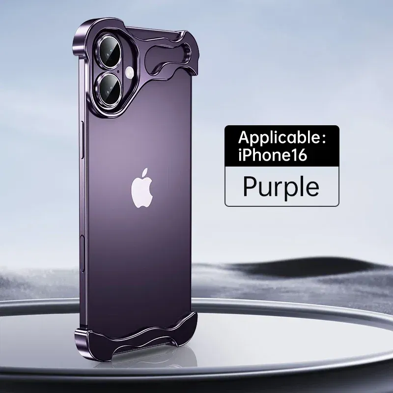 Color: black, Material: Silicon - Aluminum Metal Rimless Phone Case for iPhone 16 15 14 Plus 13 12 Pro Max Lens Protective Film Hollow Logo Cooling Accessory Case