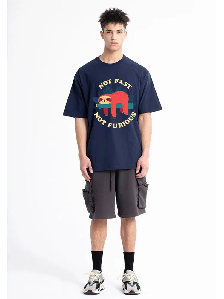 Color: black, Size: XL - Not Fast Not Furious Sloth Cute Print Men Tee Shirts Breathable Cotton Tops Street Fashion T-shirt Women Casual Summer T Shirts